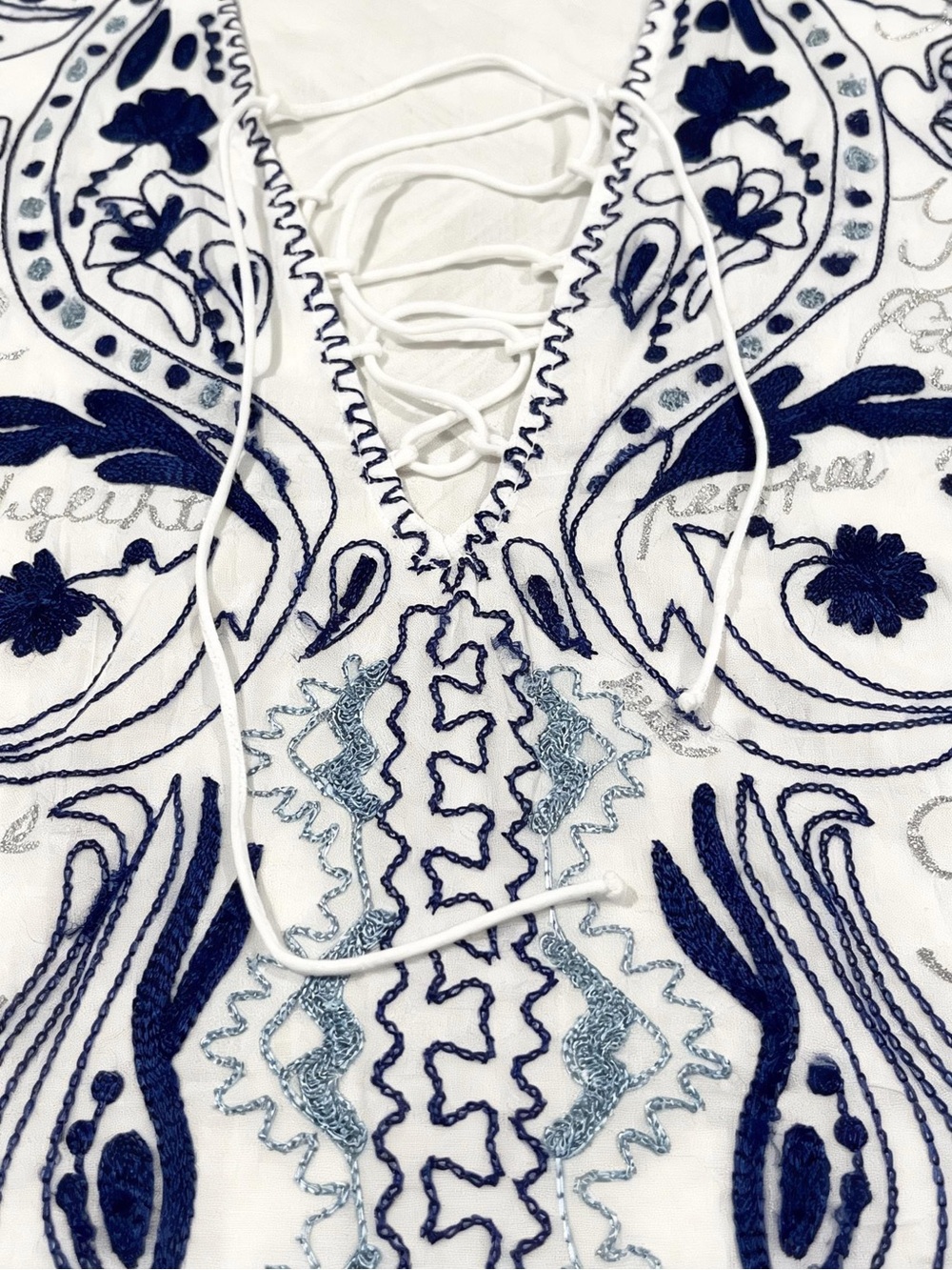 Desigual Cotton Boho Peasant Blouse White Blue Embroidered Tunic Top L - Picture 4 of 16